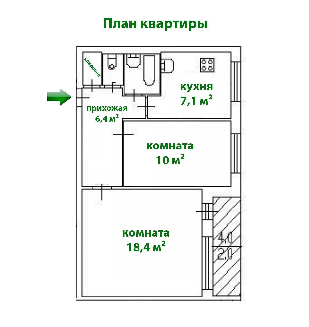 м. «Гражданский проспект». 2-комнатная квартира 45,7 кв.м