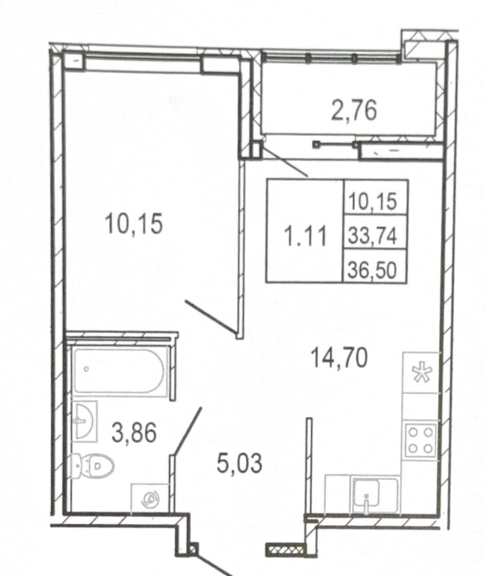 д. Новосаратовка. 1-комнатная квартира 33,5 кв.м