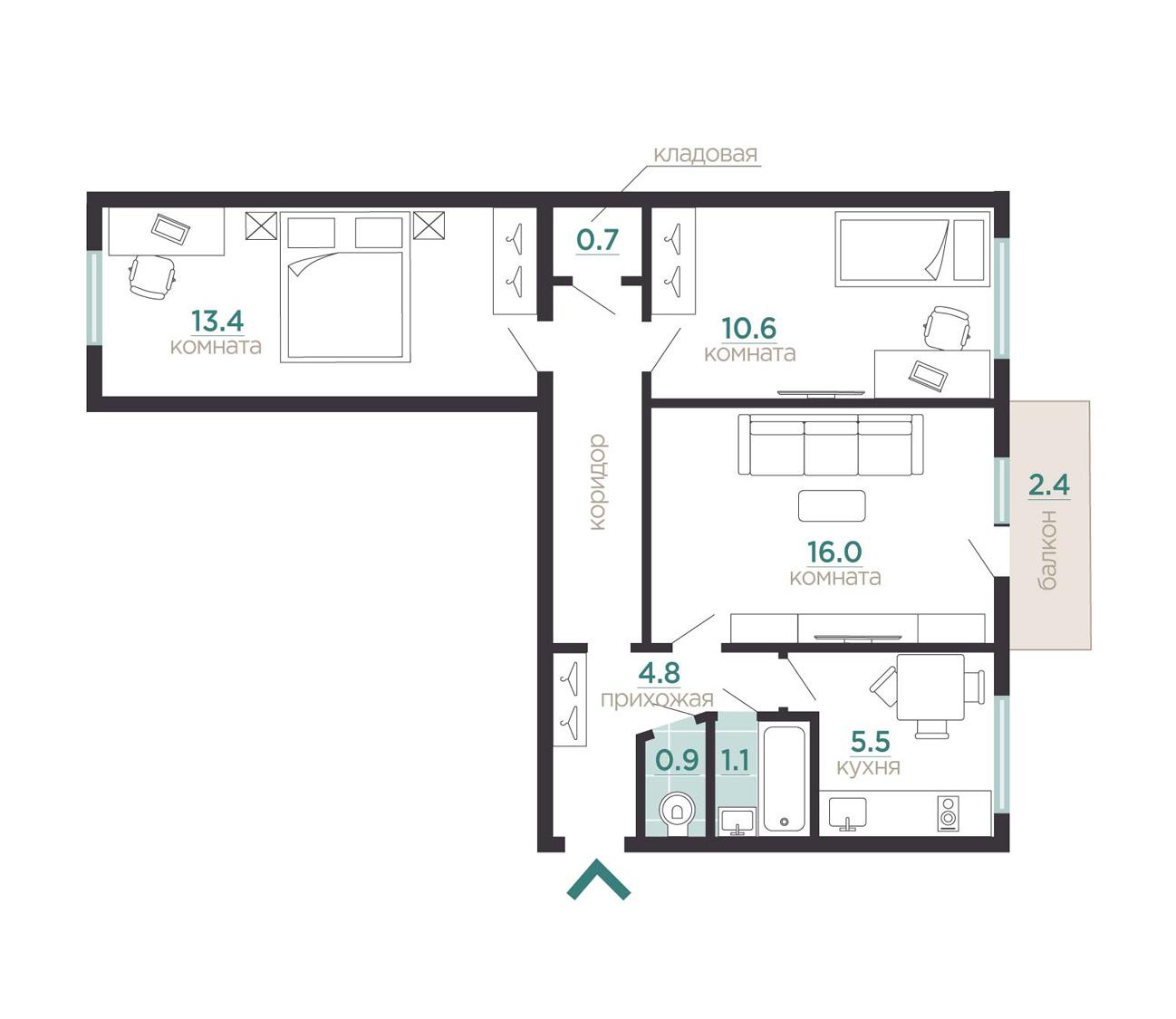 м. «Улица Дыбенко». 3-комнатная квартира 57,3 кв.м