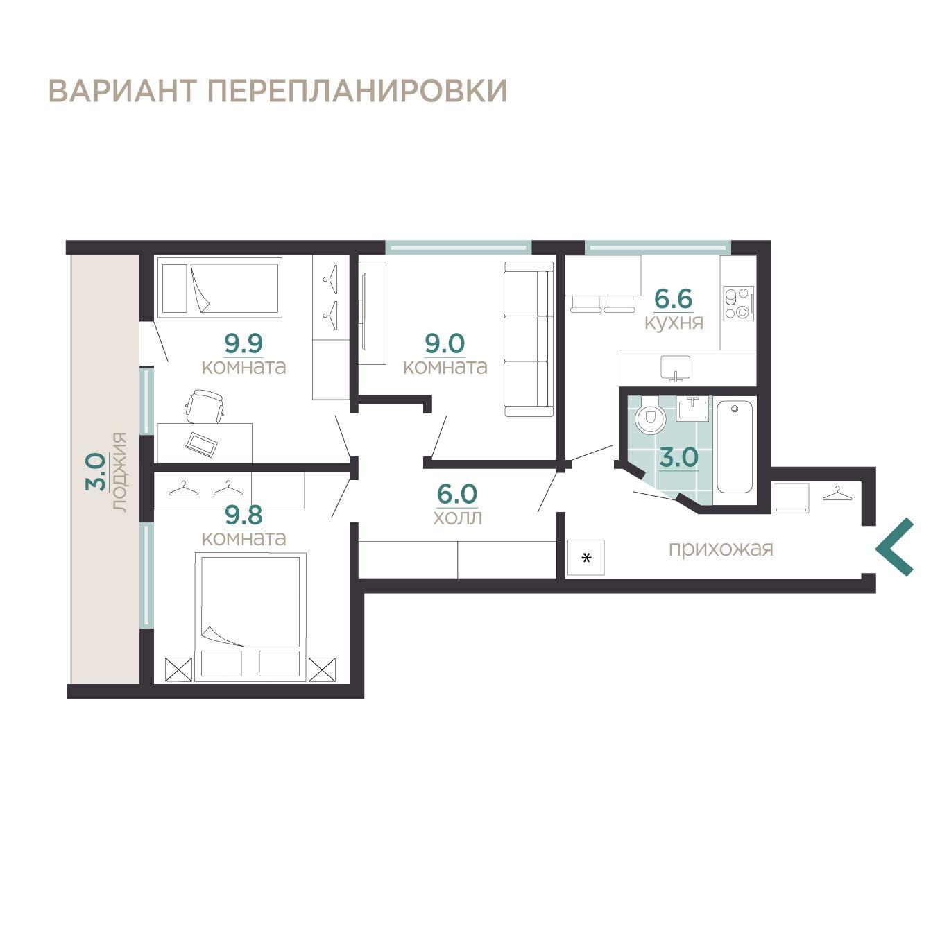 м. «Улица Дыбенко» . 3-комнатная квартира 51,2 кв.м